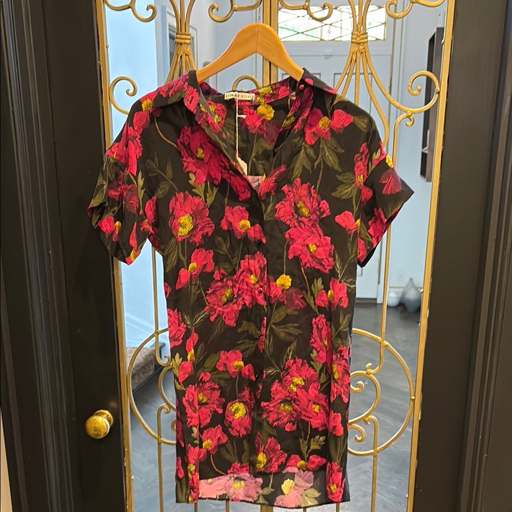 Floral poppy short shirt mini dress  Blouse - Pink & Black xsmall Alice & Olivia